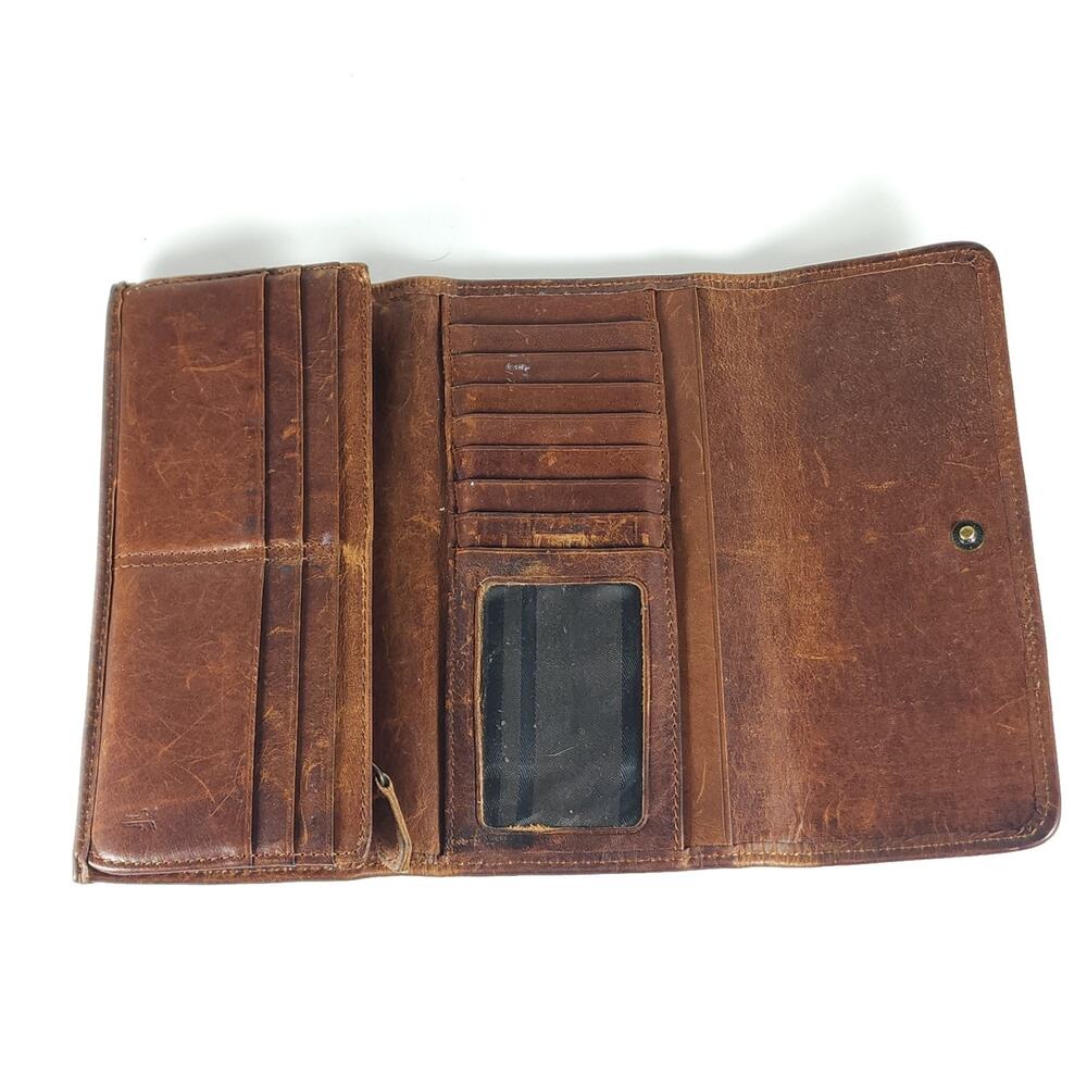 Frye Melissa Continental Cognac Brown Distressed Leather Snap Trifold Wallet - Picture 7 of 13